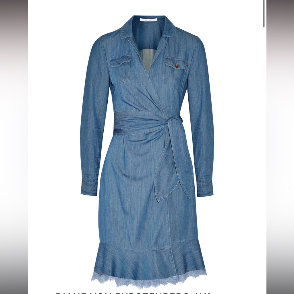 Diane Von Furstenberg Women's Blue Aya Lace-Trimmed Denim Wrap Dress Size 8
